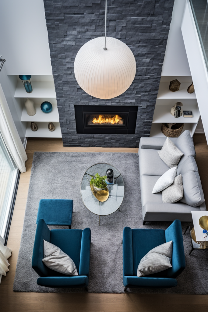 An optimized living room with a functional traffic flow and a fireplace.