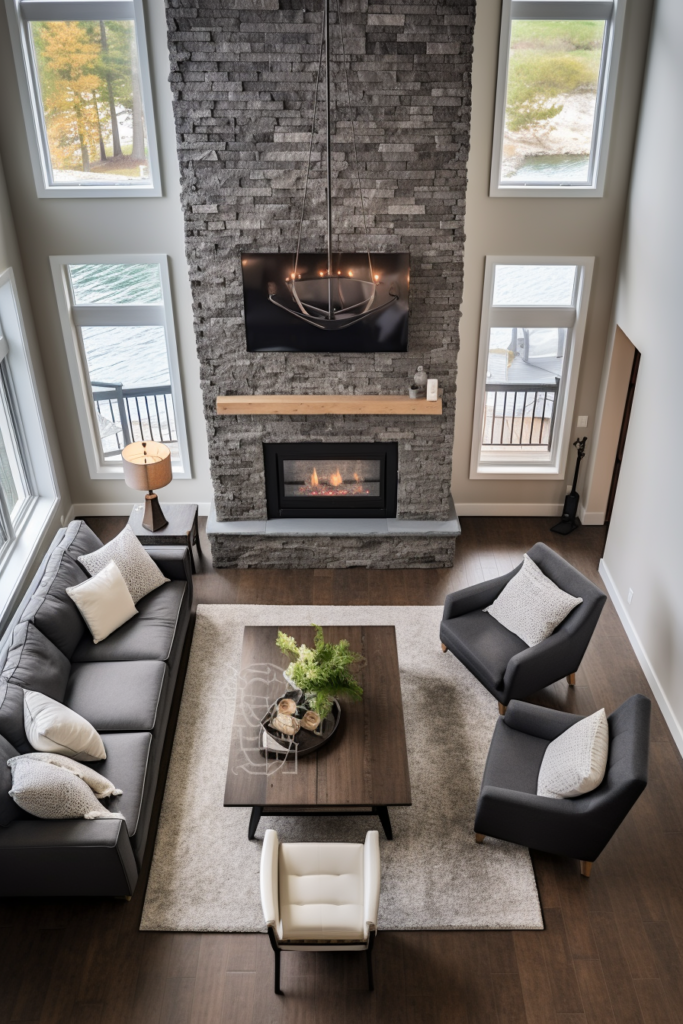 A functional living room with a stone fireplace.