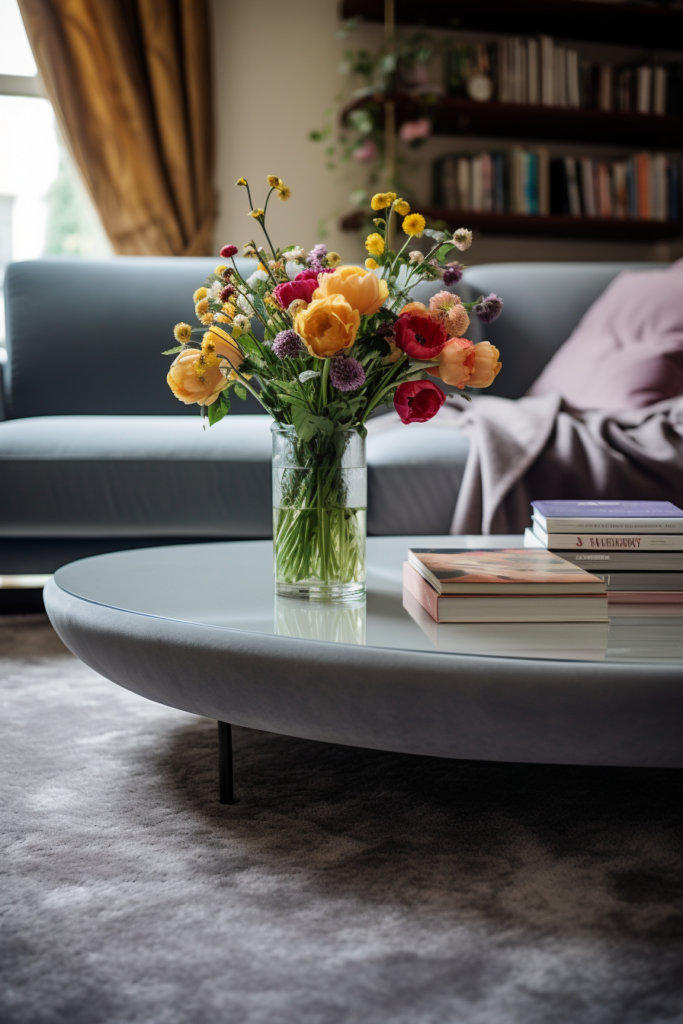 A coffee table in a living room with a vase of flowers, providing furniture layout solutions for long and narrow spaces.
