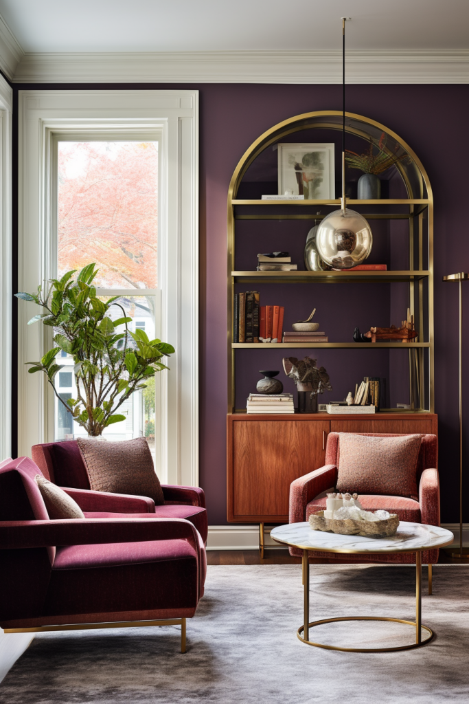 A living room with purple walls and furniture designed for efficient furniture placement in narrow living rooms.