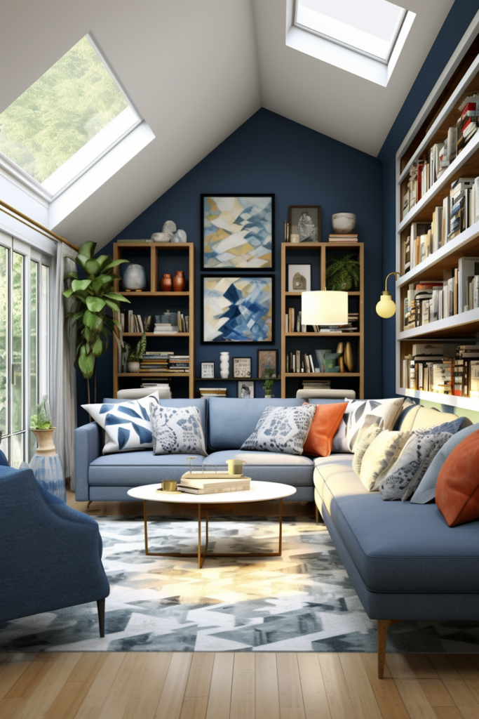 A living room with a blue couch and blue pillows featuring furniture placement in narrow living rooms.