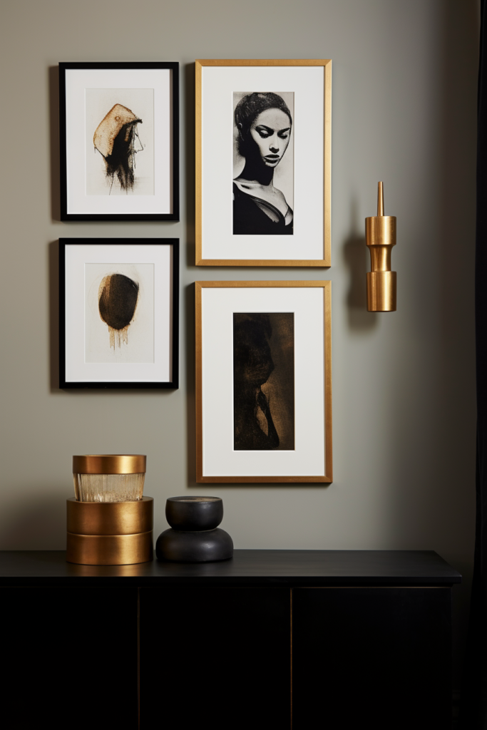 A stunning gallery wall showcasing a diverse arrangement of framed pictures and a vase, creating a captivating visual impact with hints of black and gold.