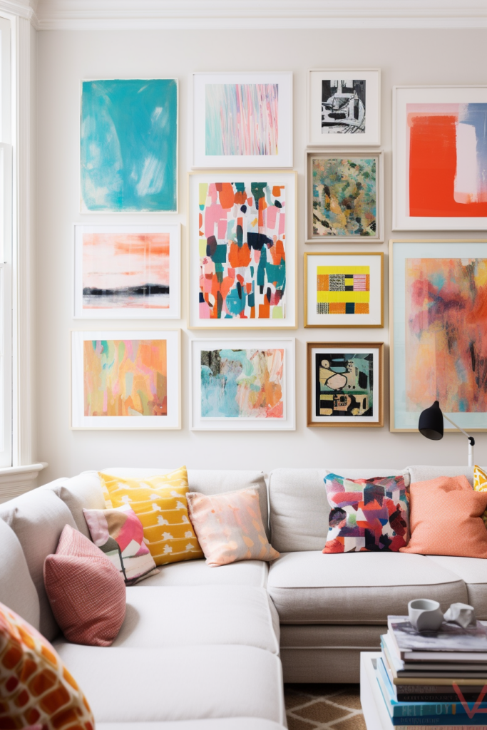 A living room with a diverse artwork arrangement showcasing colorful paintings on the wall, creating a visual impact.