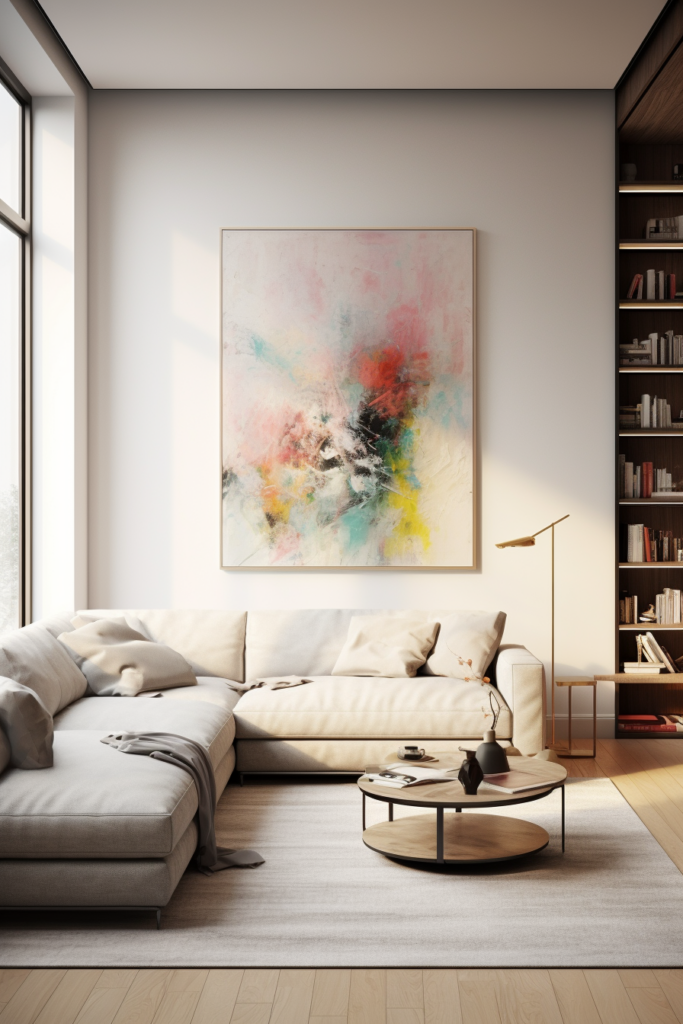 A white living room with a diverse artwork arrangement showcasing a colorful painting on the wall, creating visual impact.