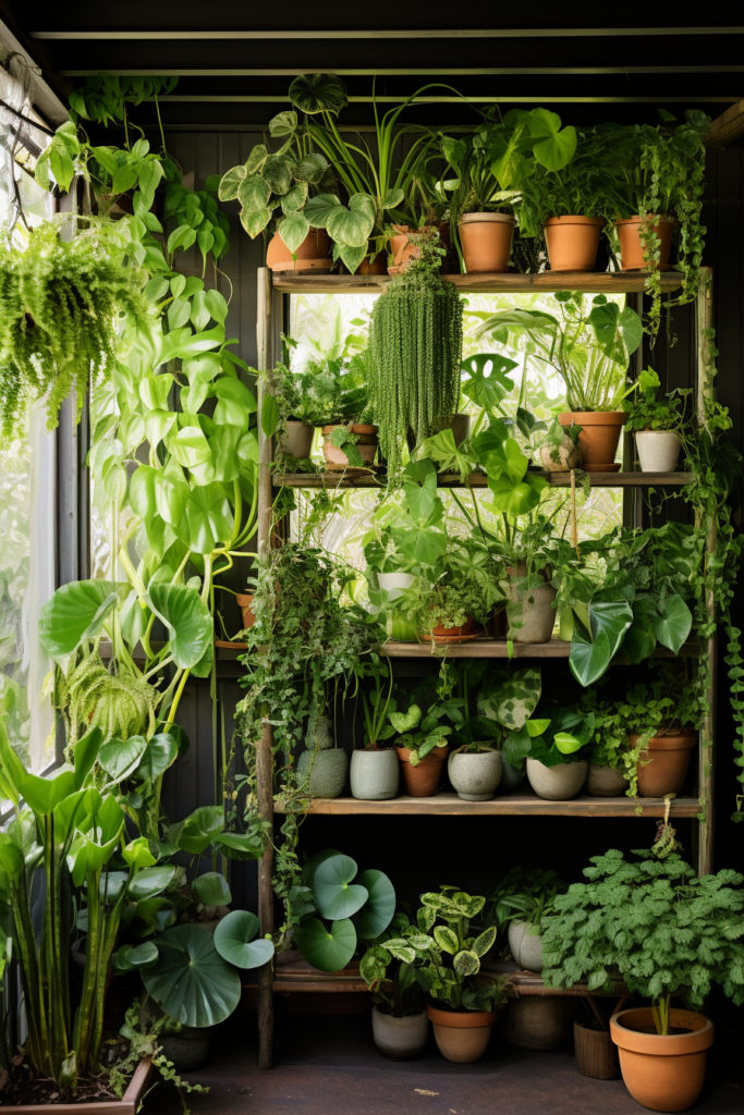A room adorned with decorative elements, featuring an abundance of greenery arranged in vertical gardens on shelves.