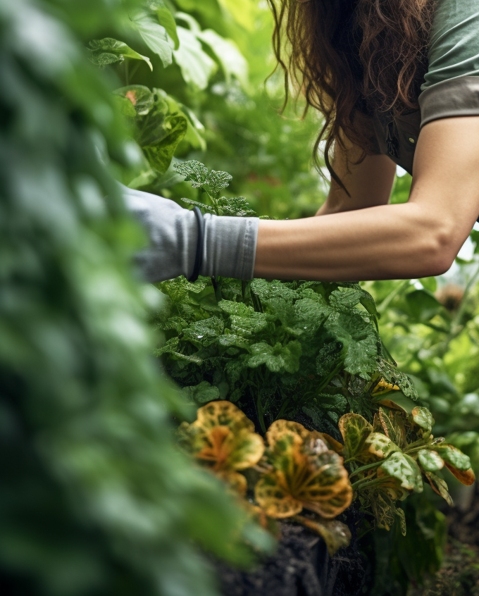 A woman in gardening gloves carefully tending to decorative plants in a greenhouse, surrounded by vibrant greenery.