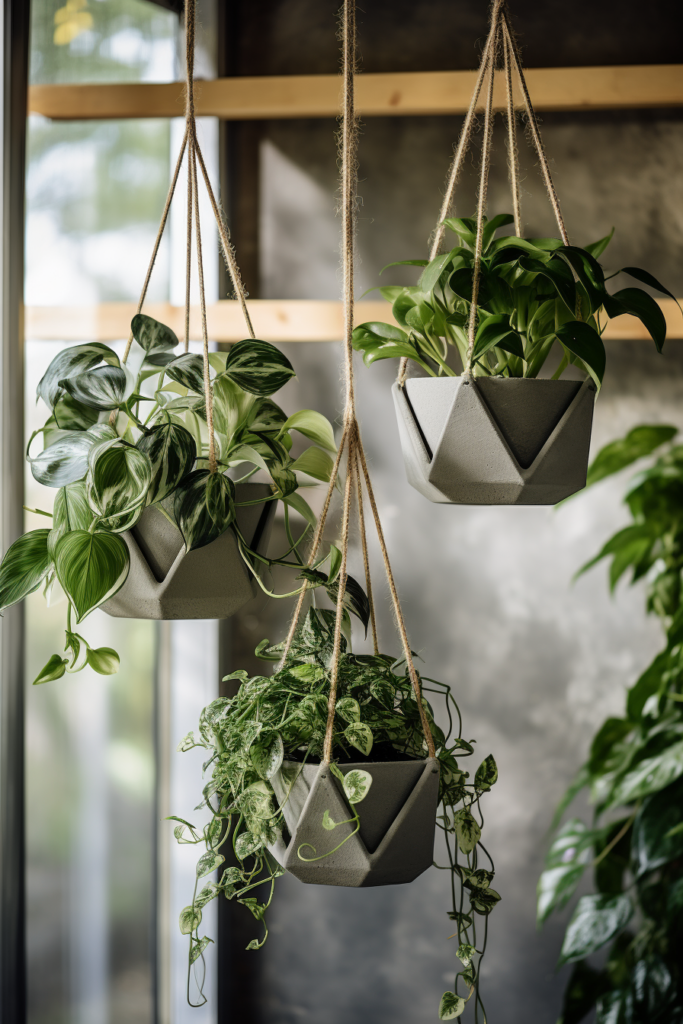 Three hanging planters with plants suspended from them.