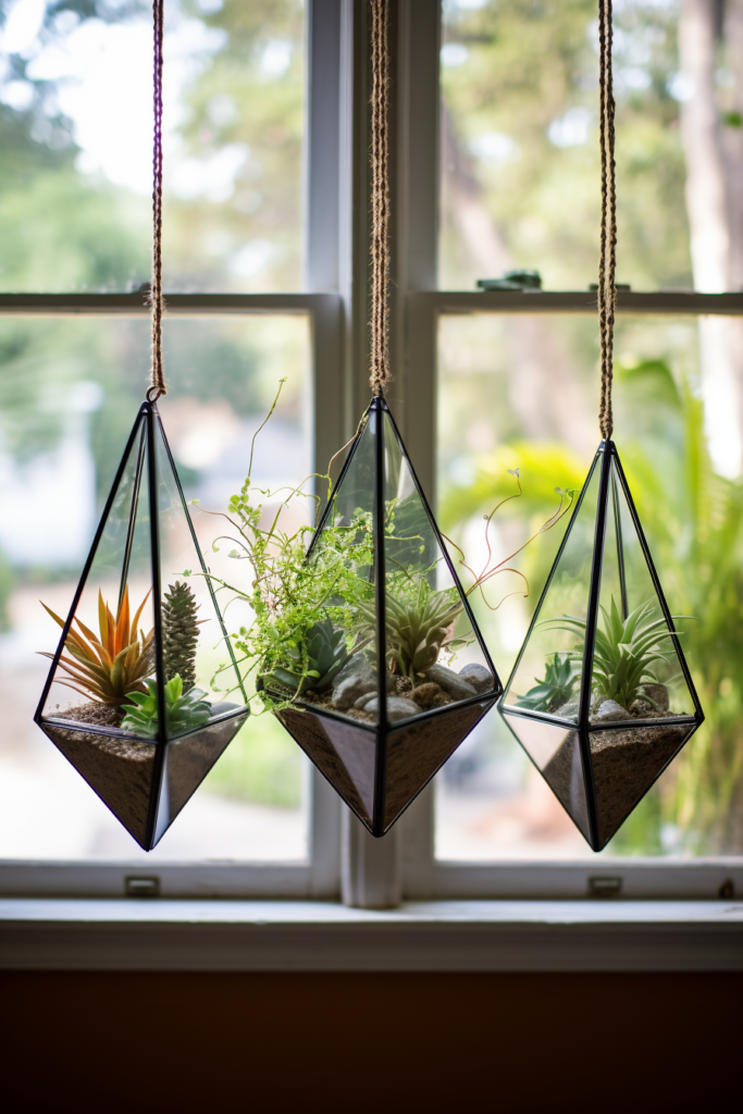 Three innovative suspended containers, resembling hanging planters, grace a window sill.