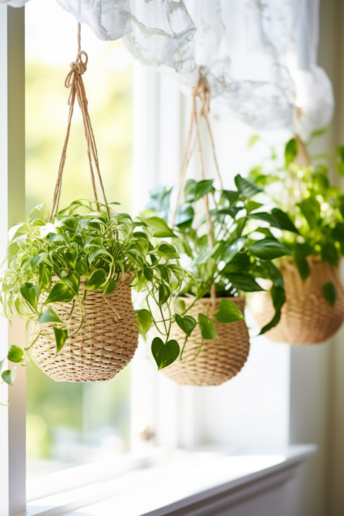 Three innovative suspended containers, resembling wicker baskets, serving as hanging planters from a window sill.