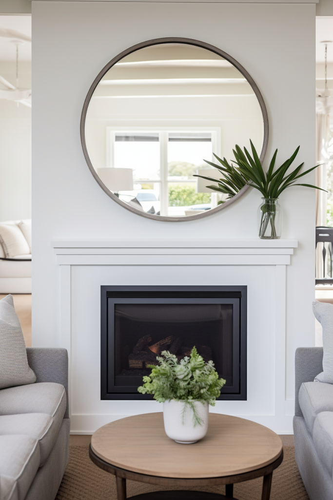 An inviting living room with a fireplace that is perfectly complemented by a large mirror, creating an open and spacious ambiance utilizing reflective surfaces.