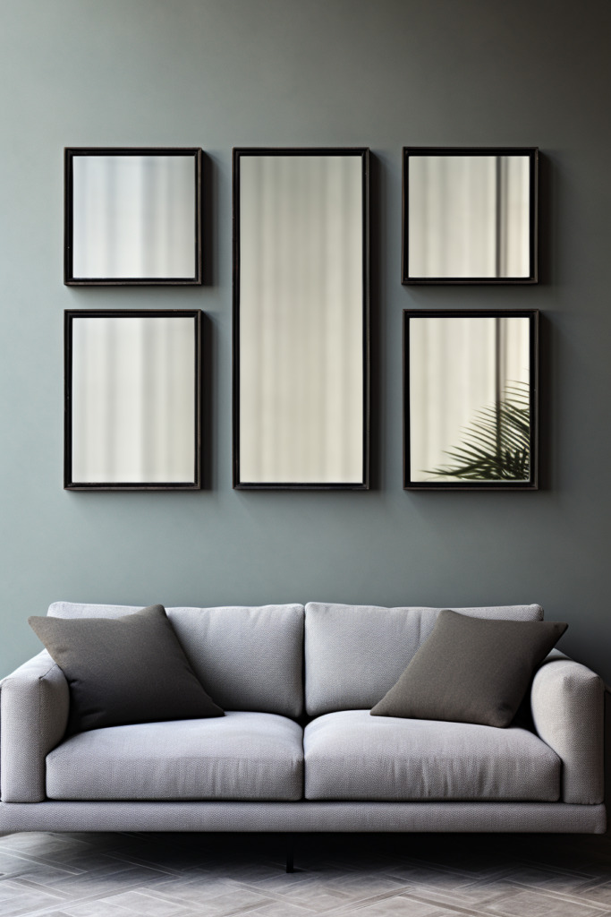 A gray couch with four mirrors on the wall, creating a display of reflective surfaces.