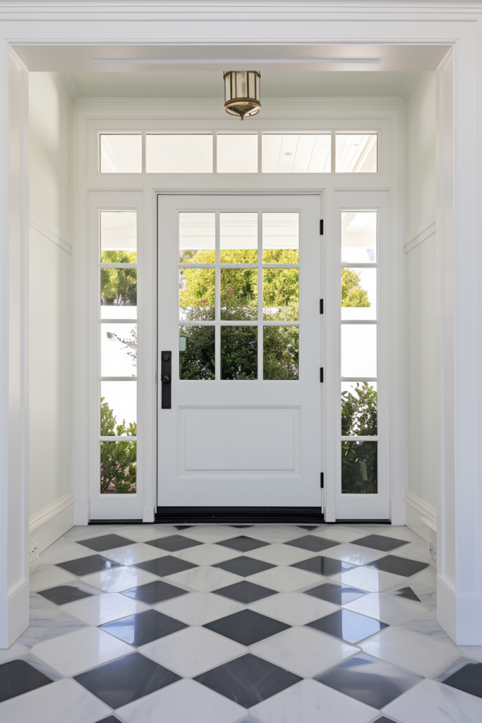 An entryway with a black and white checkered floor, featuring reflective surfaces.