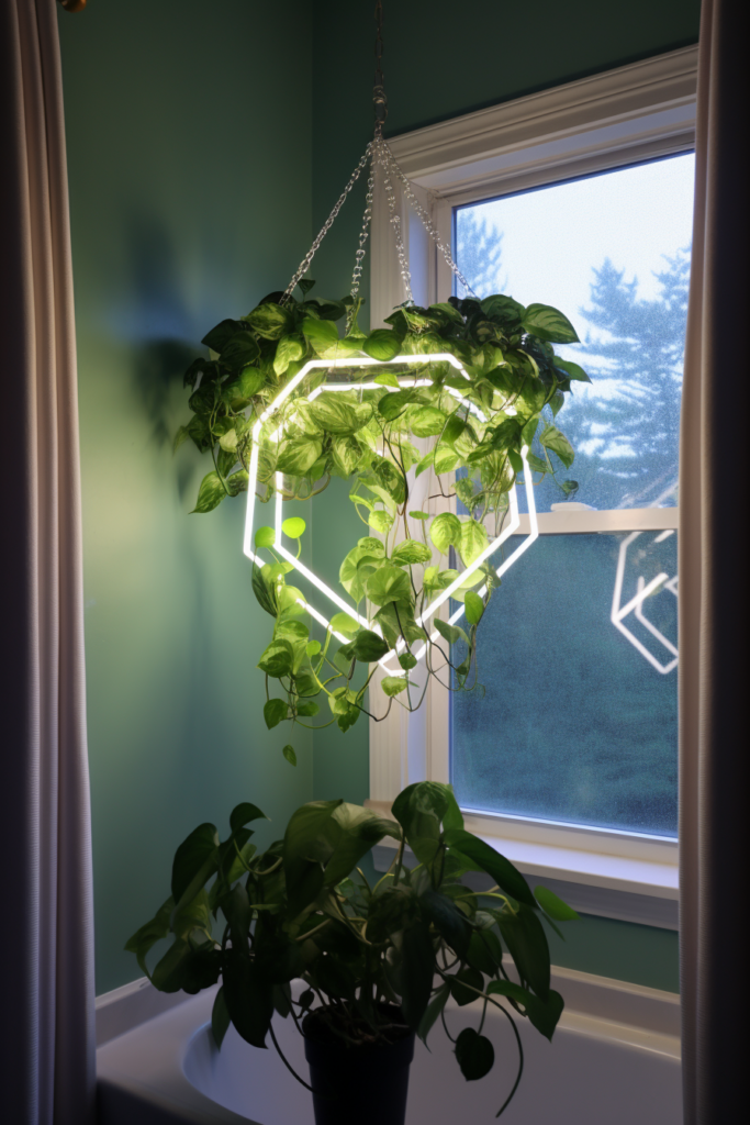 An innovative plant container hanging from a light fixture in a bathroom.