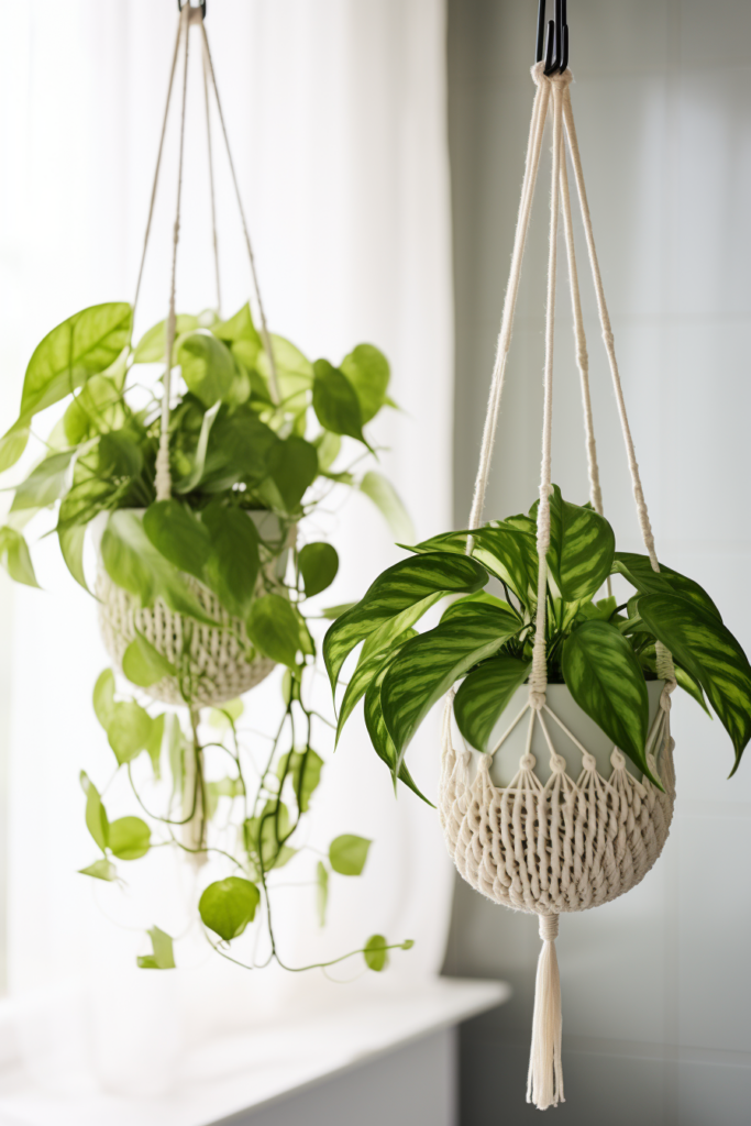 Two hanging planters with plants hanging from them, providing attractive hanging solutions for bathrooms or any other space in need of plant containers.