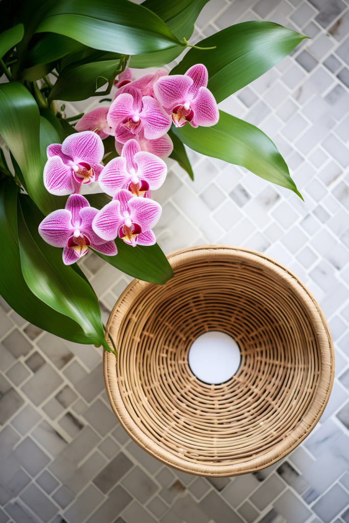 An innovative hanging solution featuring a wicker basket filled with orchids gracefully placed on a tiled floor.