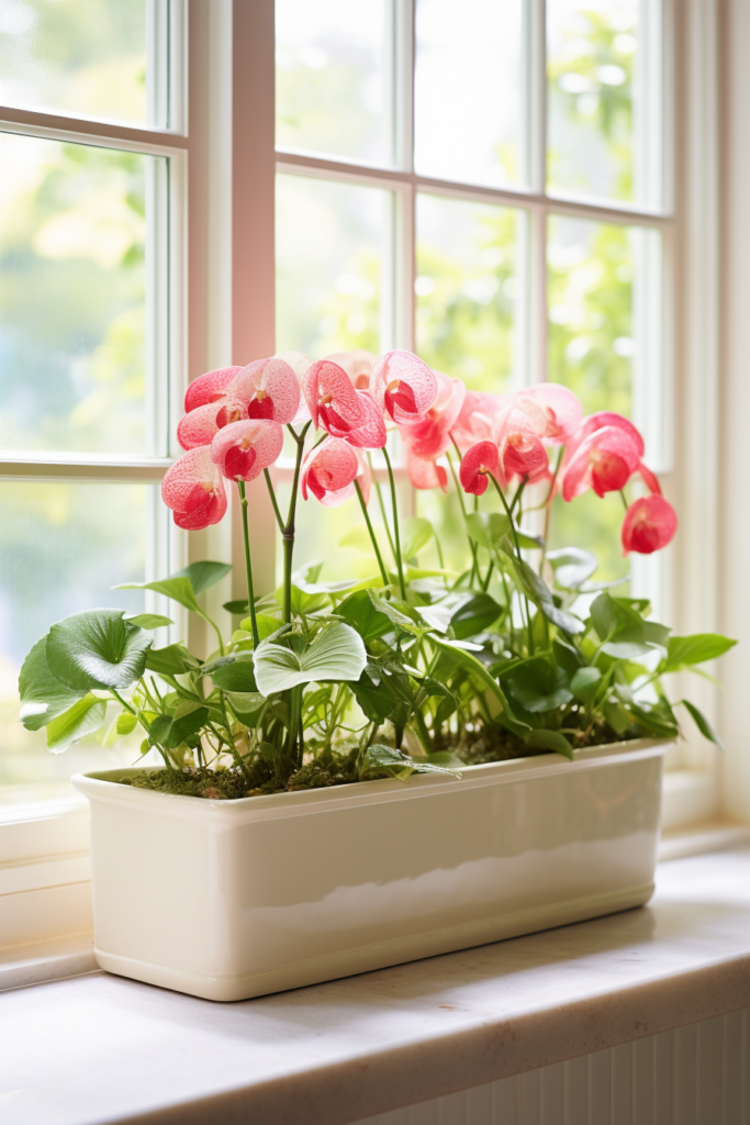 Innovative plant containers holding pink chrysanthemums hang on a window sill.