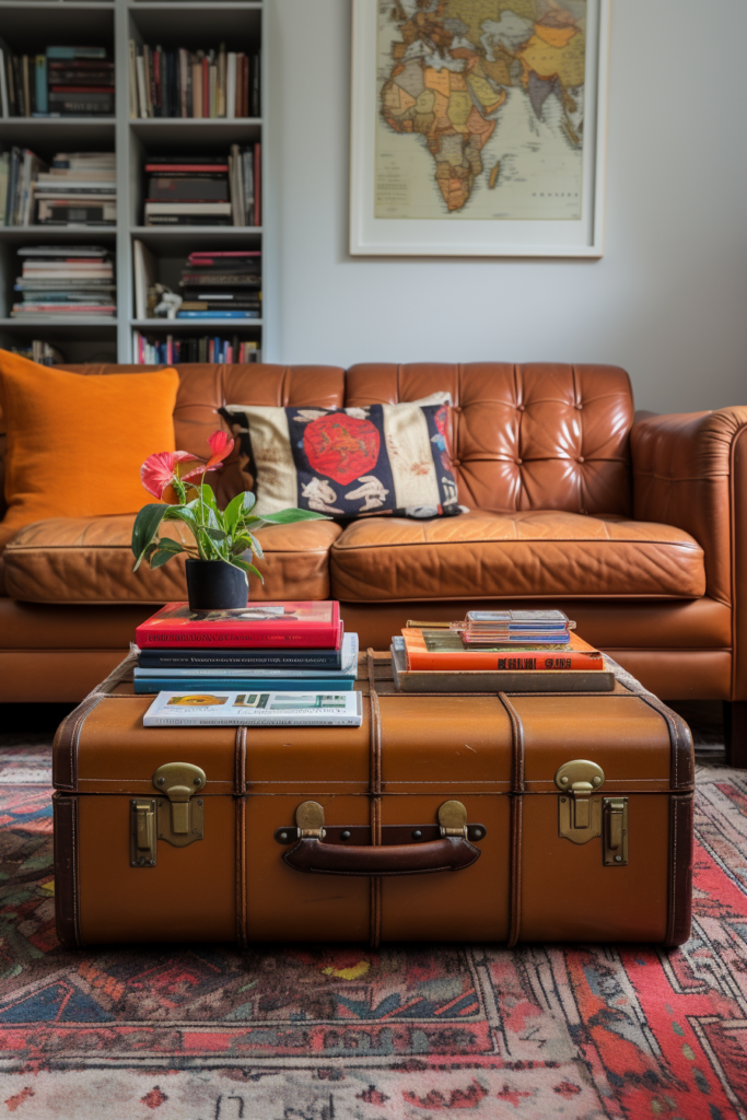 A brown leather couch with storage solutions in a living room.