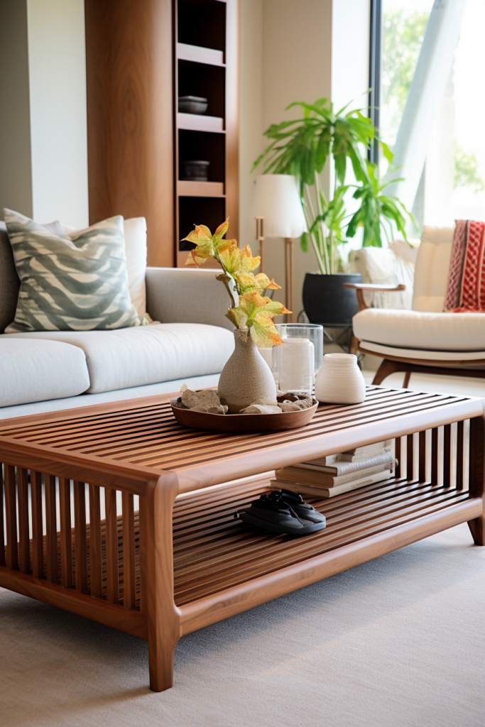 A wooden coffee table with storage solutions in a challenging living room space.