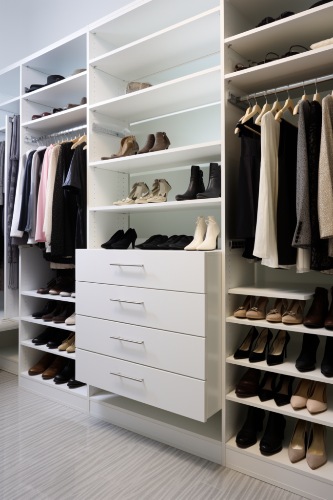An innovative walk-in closet with storage solutions for challenging spaces, featuring a plethora of shoes and clothes.