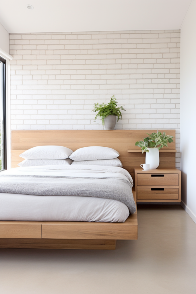 A modern bedroom with innovative shelving solutions and a wooden bed against white walls.