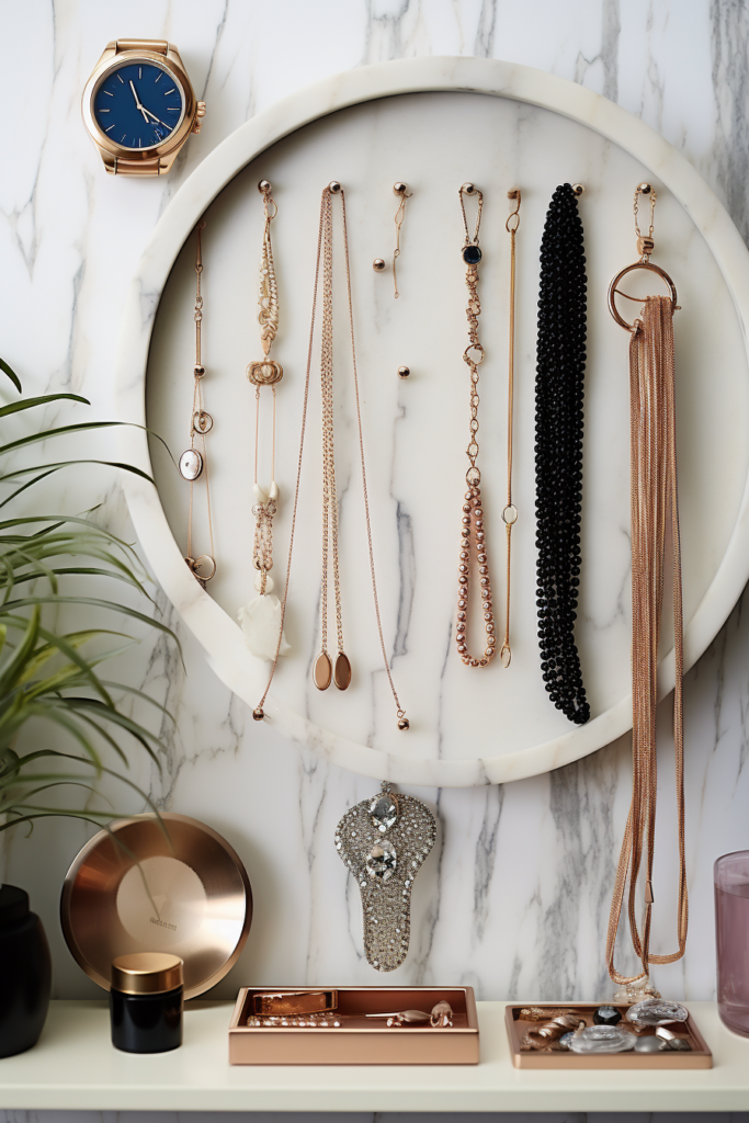This wall-mounted jewelry holder offers elegant storage solutions for challenging spaces, with a variety of necklaces and watches showcased on convenient shelving.