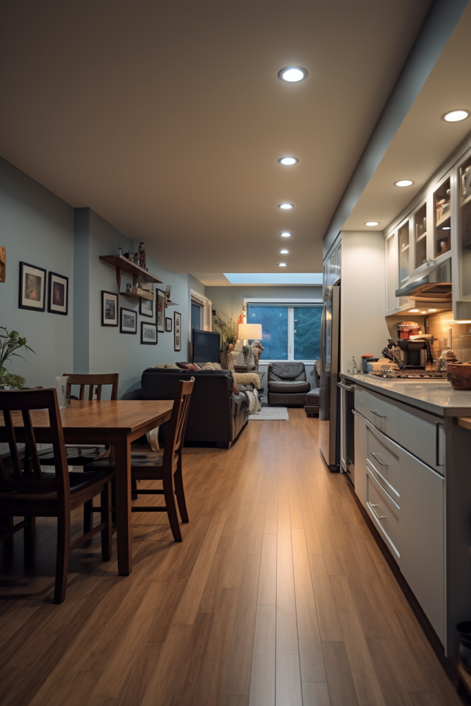 A long and narrow kitchen with a dining table and chairs that enhances the lighting design of the combined spaces.