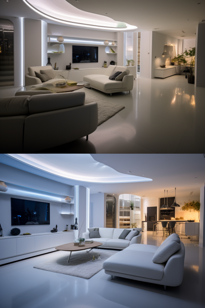 Enhance the lighting design in a long and narrow modern living room with 3D rendering.