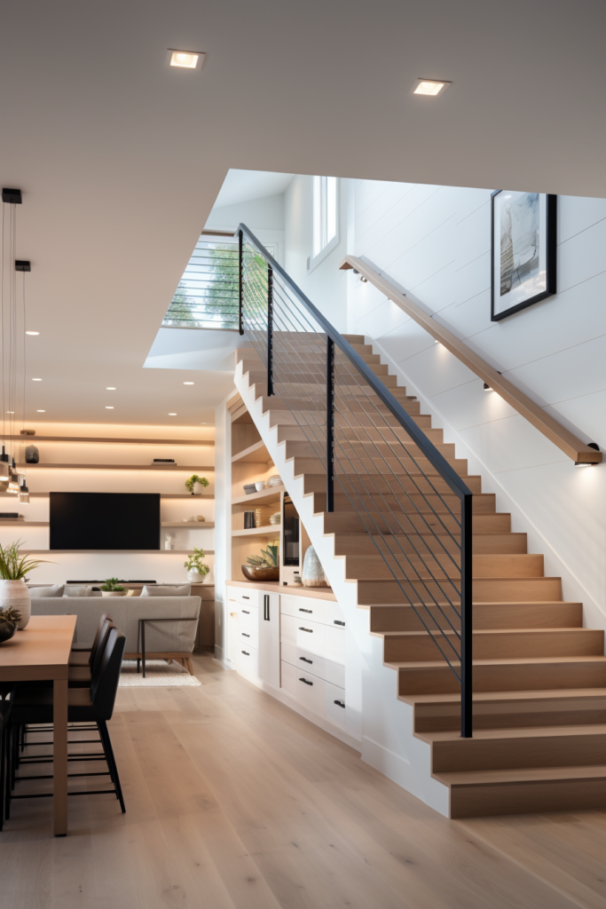 A living room with stairs and a dining table, designed for long and narrow spaces with thoughtful lighting design.