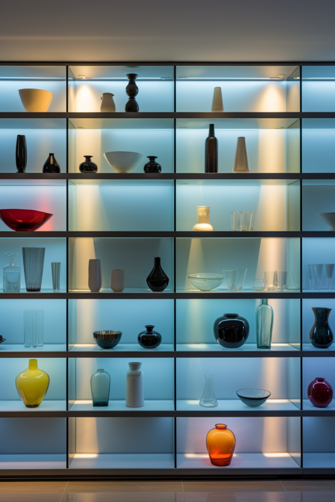 A long and narrow collection of glassware on a shelf in a room, designed to enhance spaces with its lighting.
