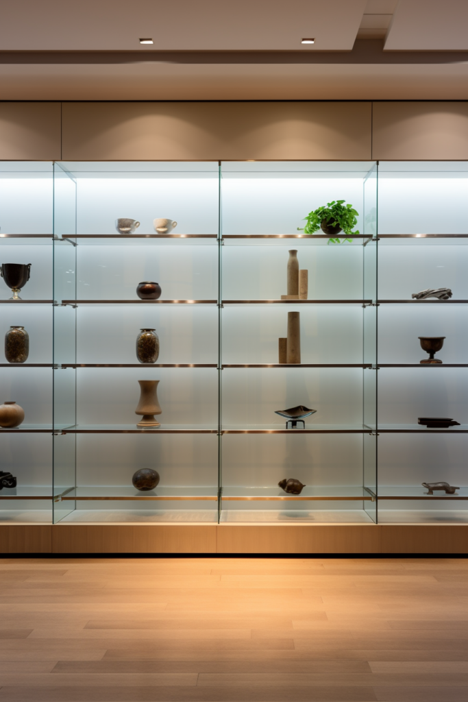 A long and narrow glass display case that enhances the lighting design in a room.