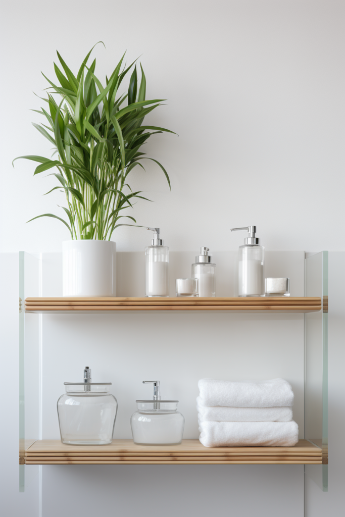 A bathroom shelf with towels and a low-light plant on it.