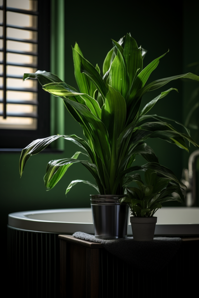 In a windowless bathroom, a low-light plant sits on a table next to a bathtub.