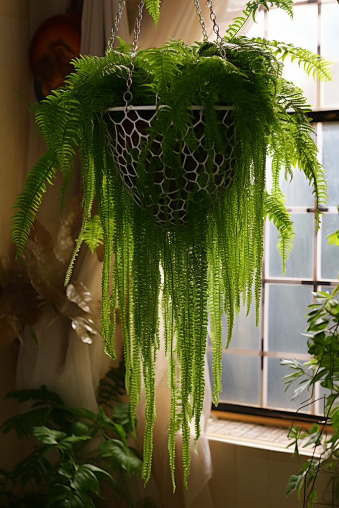 A low-light plant hanging from a window.