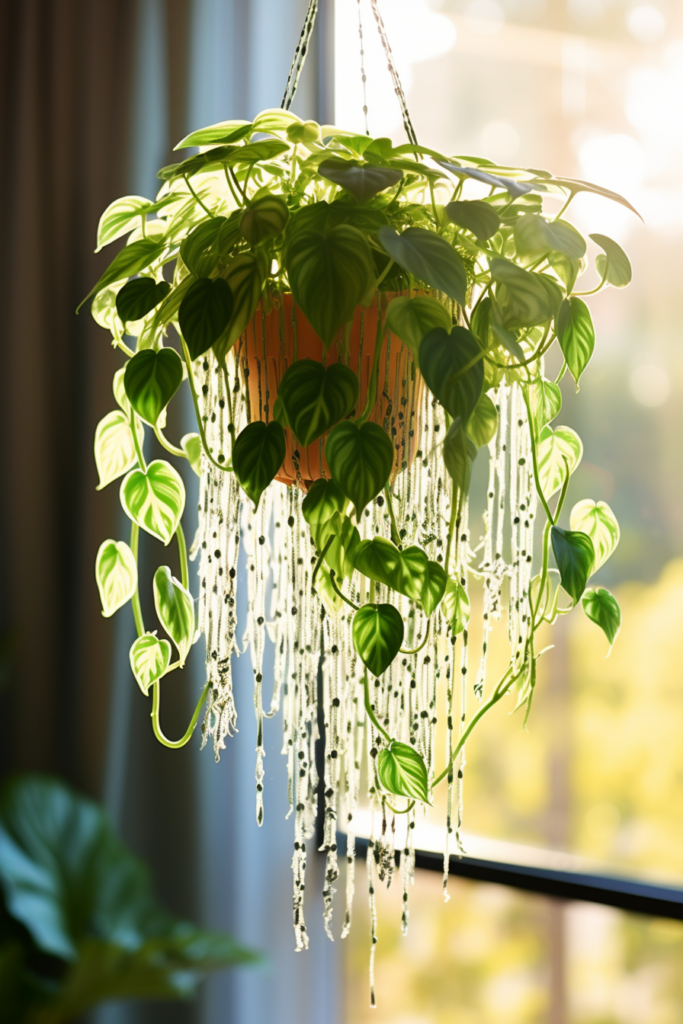 Ceiling-hung plants, such as ivy, are a lovely addition to any living room. With proper care and maintenance, these green beauties can hang from a window, adding a touch