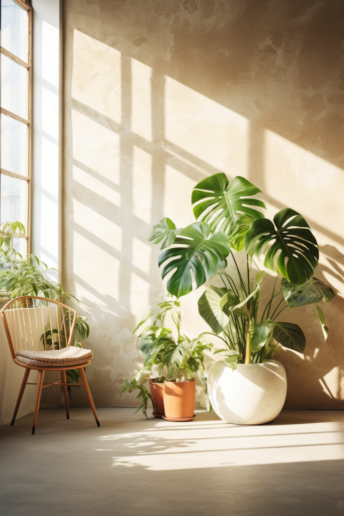 A room with ceiling-hung plants and a chair in front of a window that require maintenance and care.
