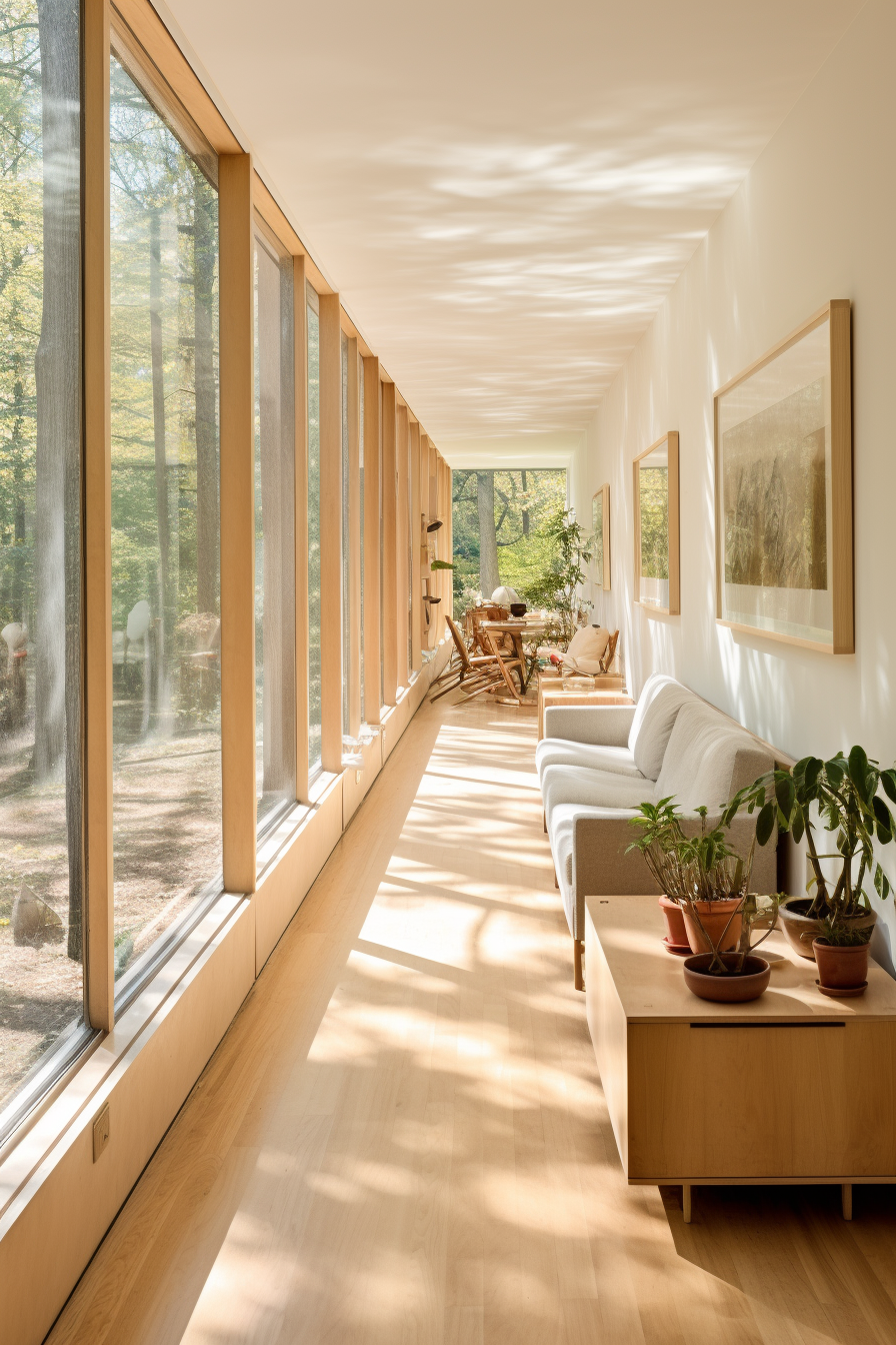 A long hallway maximizing natural light with large windows.