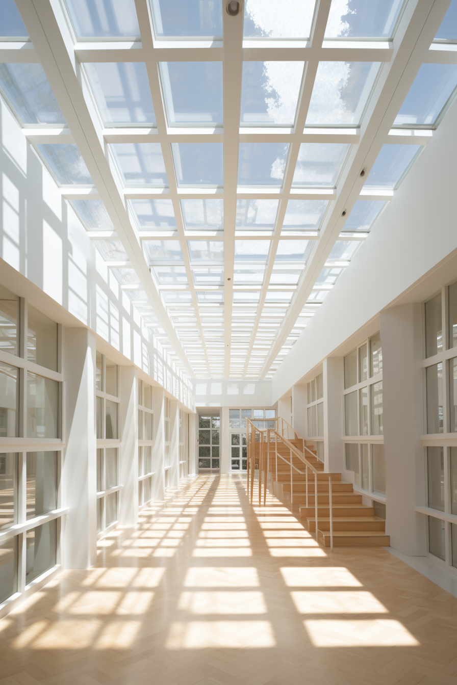 A hallway with a skylight, maximizing natural light and white walls.