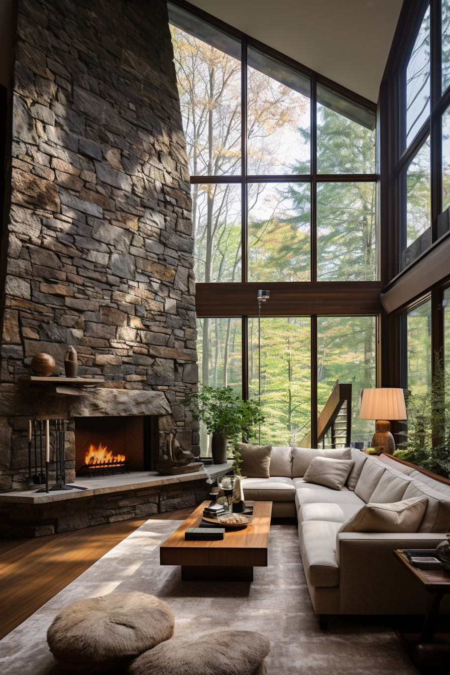 A living room with large windows, maximizing natural light, and a stone fireplace.