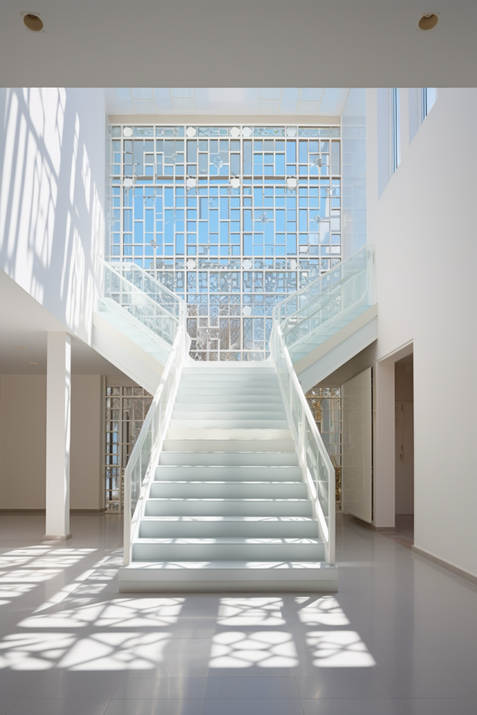 An innovative 3d image of a modern white staircase maximizing space in a multi-family building.
