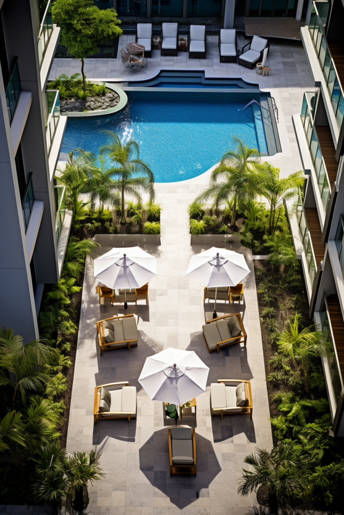 An aerial view of a swimming pool and lounge chairs showcasing innovative designs.