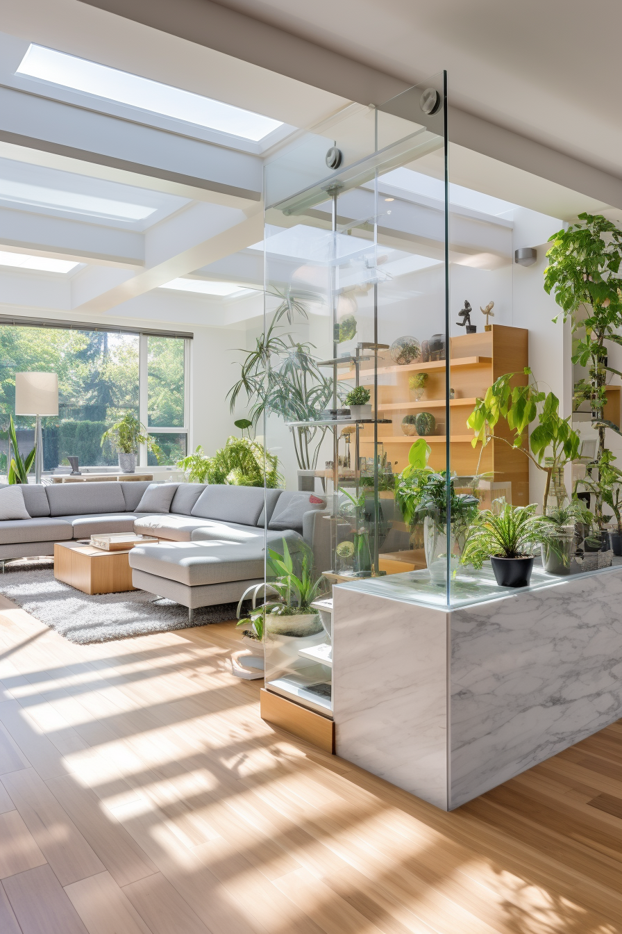 A modern living room with innovative designs and a glass wall maximizing space, adorned with plants.