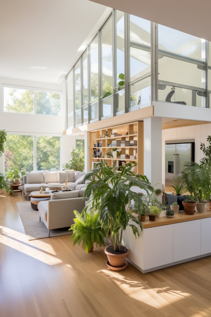 A modern living room with innovative designs incorporating lots of plants to create a space that maximizes both style and greenery.