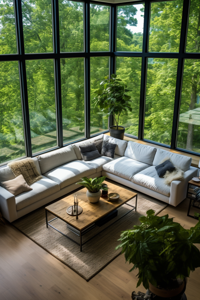 A modern living room with large windows maximizing space and offering innovative designs, all while overlooking a serene forest.