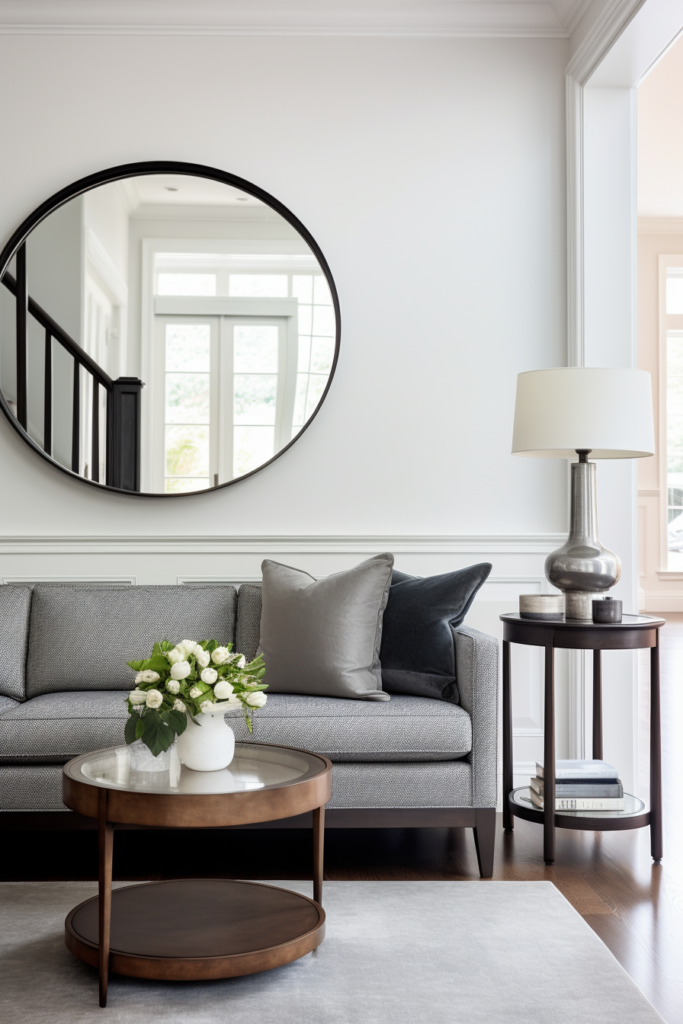 Overcoming an awkward living room layout, an oval mirror hangs above a gray couch in a rectangular space.