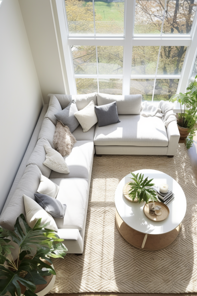 A living room with a white couch and a coffee table arranged in various layouts to suit different rectangle spaces.