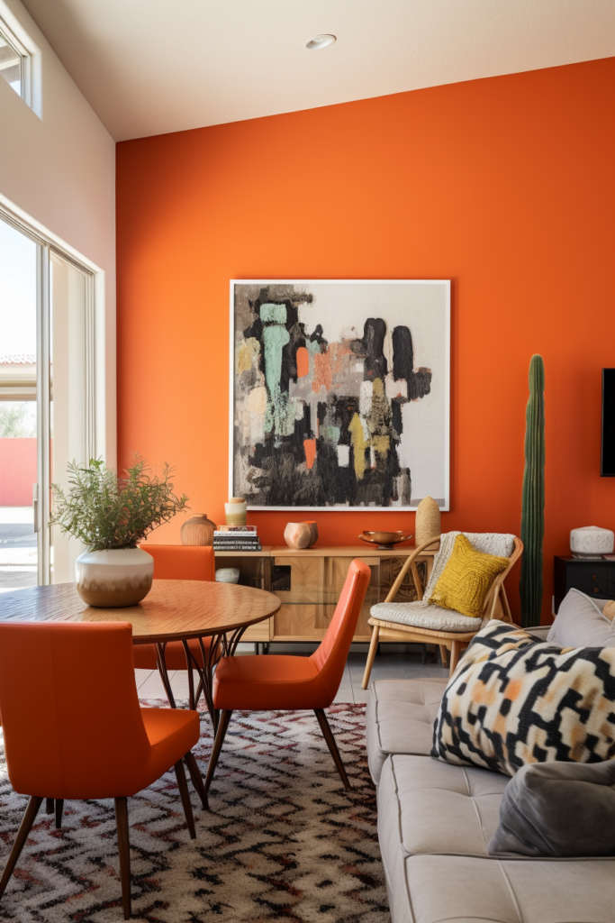 A living room with trendy orange walls and furniture.