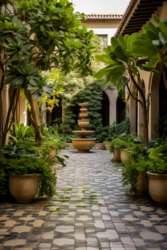 An interior design trend in 2024 features a stunning courtyard with a centerpiece fountain.
