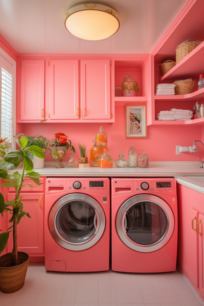 A trendy pink laundry room with a washer and dryer that embodies the interior design trends of 2024.