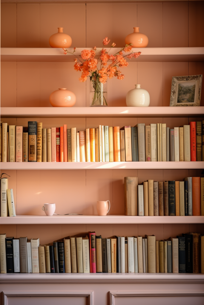 Creating visual harmony with a pink shelf adorned with books and vases.