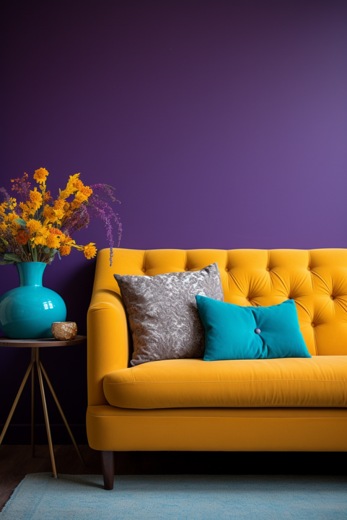 A yellow couch against a purple wall, creating visual harmony in stunning interiors.